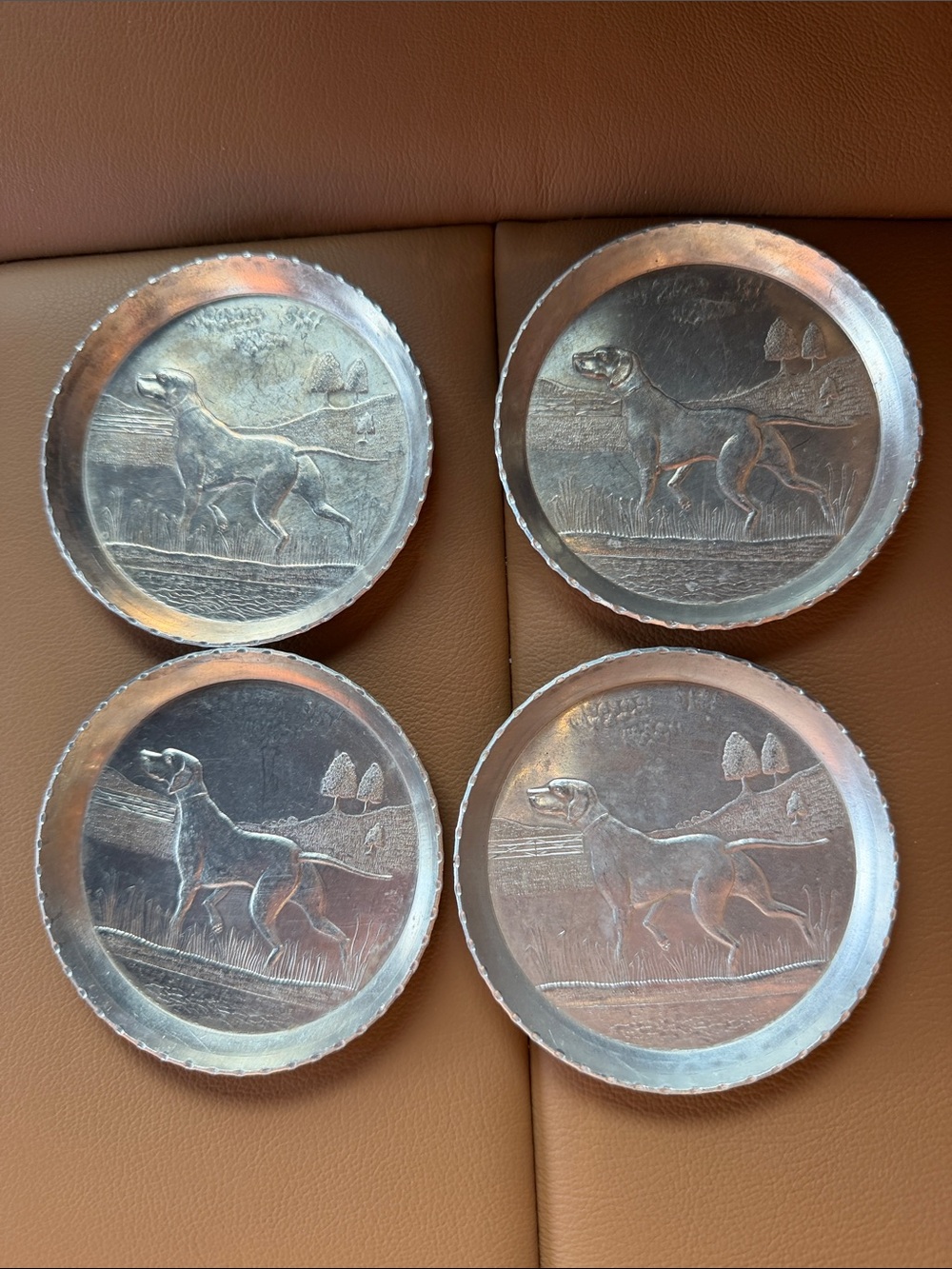 Set of 4 Vintage Mid Century Embossed Hunting Dog Coasters - Aluminum 3 1/4